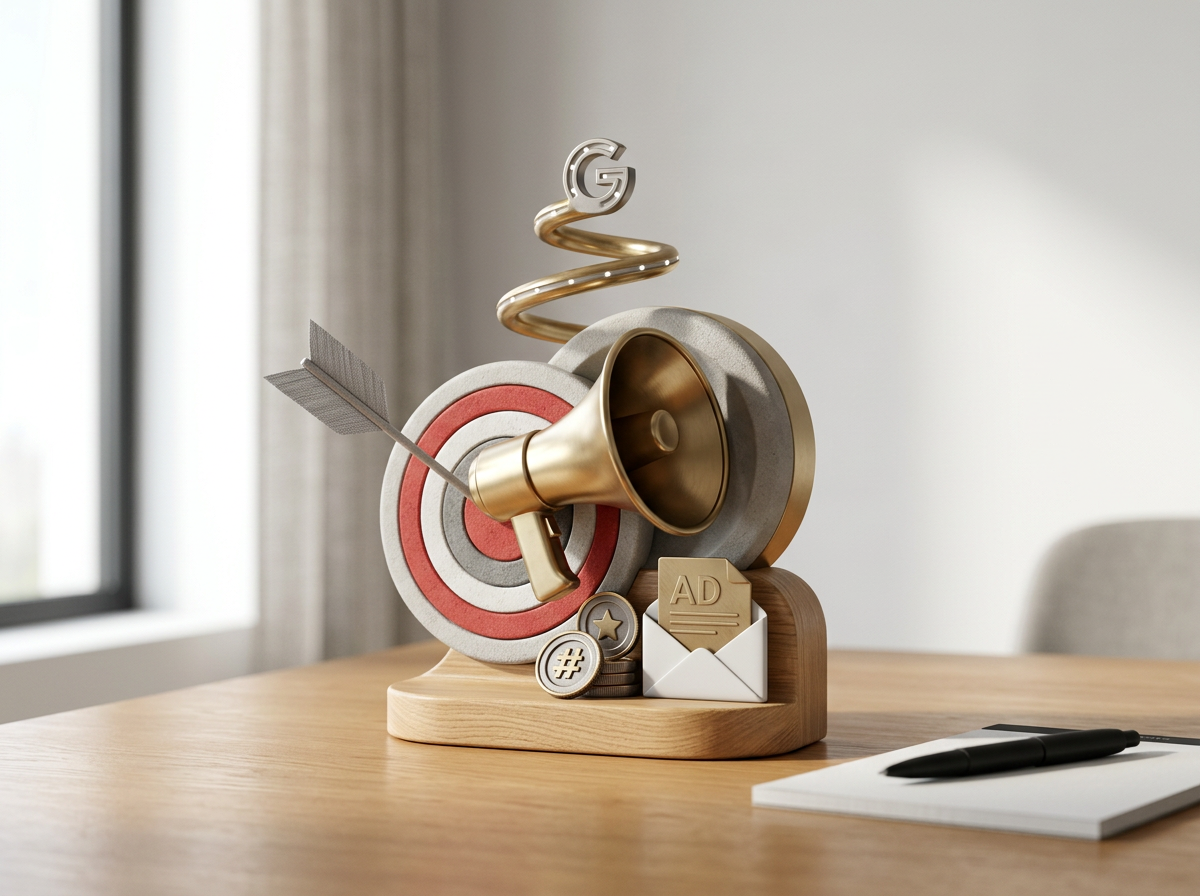 Decorative office desk items including a target with an arrow, a bullhorn, a spiral gold letter G, and icons for advertisement, social media, and email, all arranged on a wooden base.