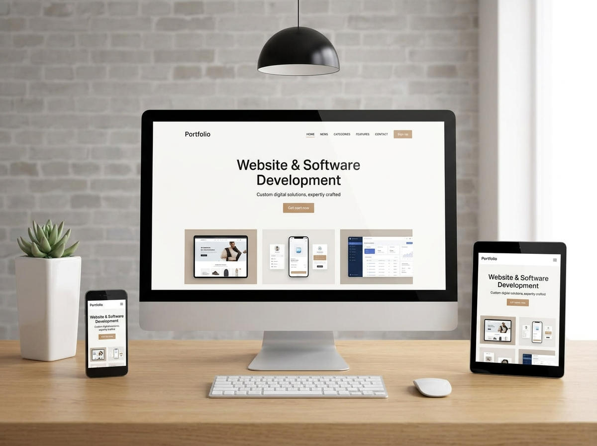 A desktop computer, a tablet, and a smartphone displaying a website about website and software development on a wooden desk. A potted succulent plant is to the left, and there's a black pendant light overhead and a window to the right.