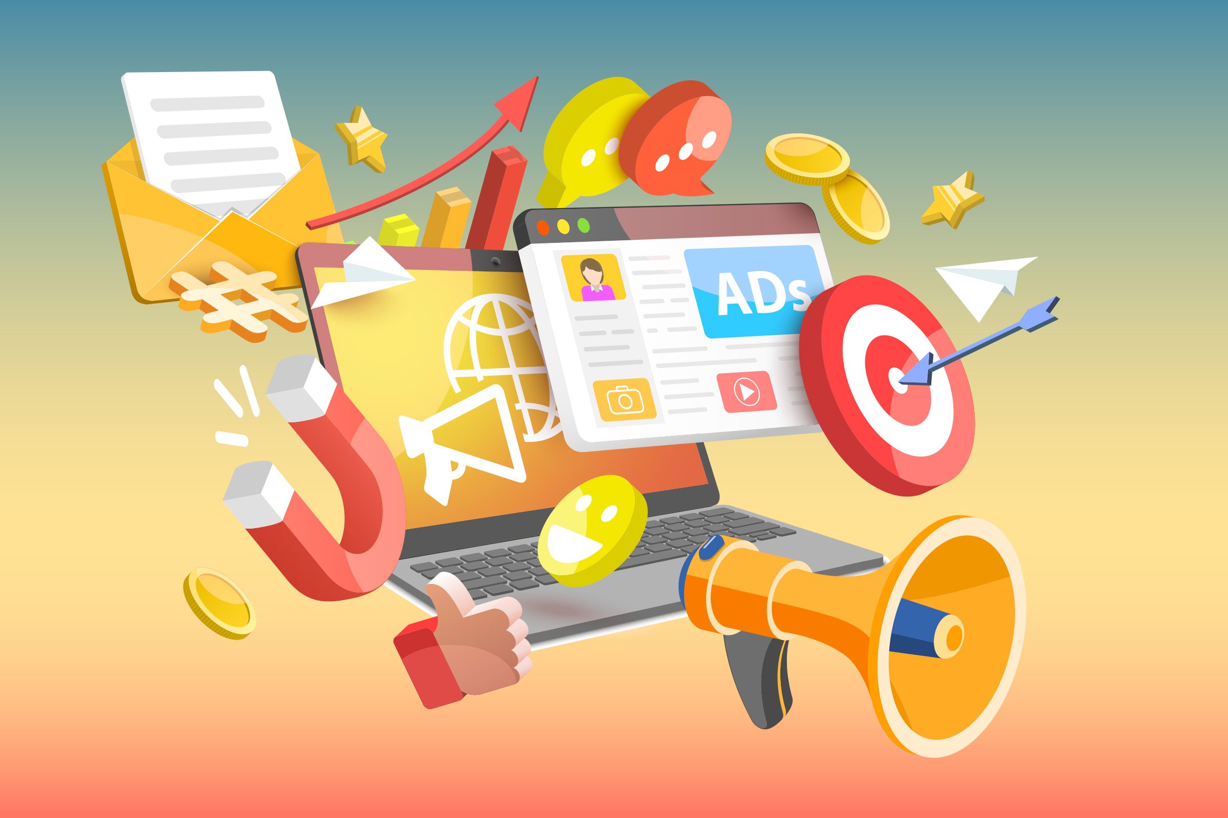 Illustration of digital marketing concepts, including a laptop with ads on screen, a target with an arrow, speech bubbles, coins, a megaphone, a hand giving a thumbs up, paper planes, and upward trending graph lines.