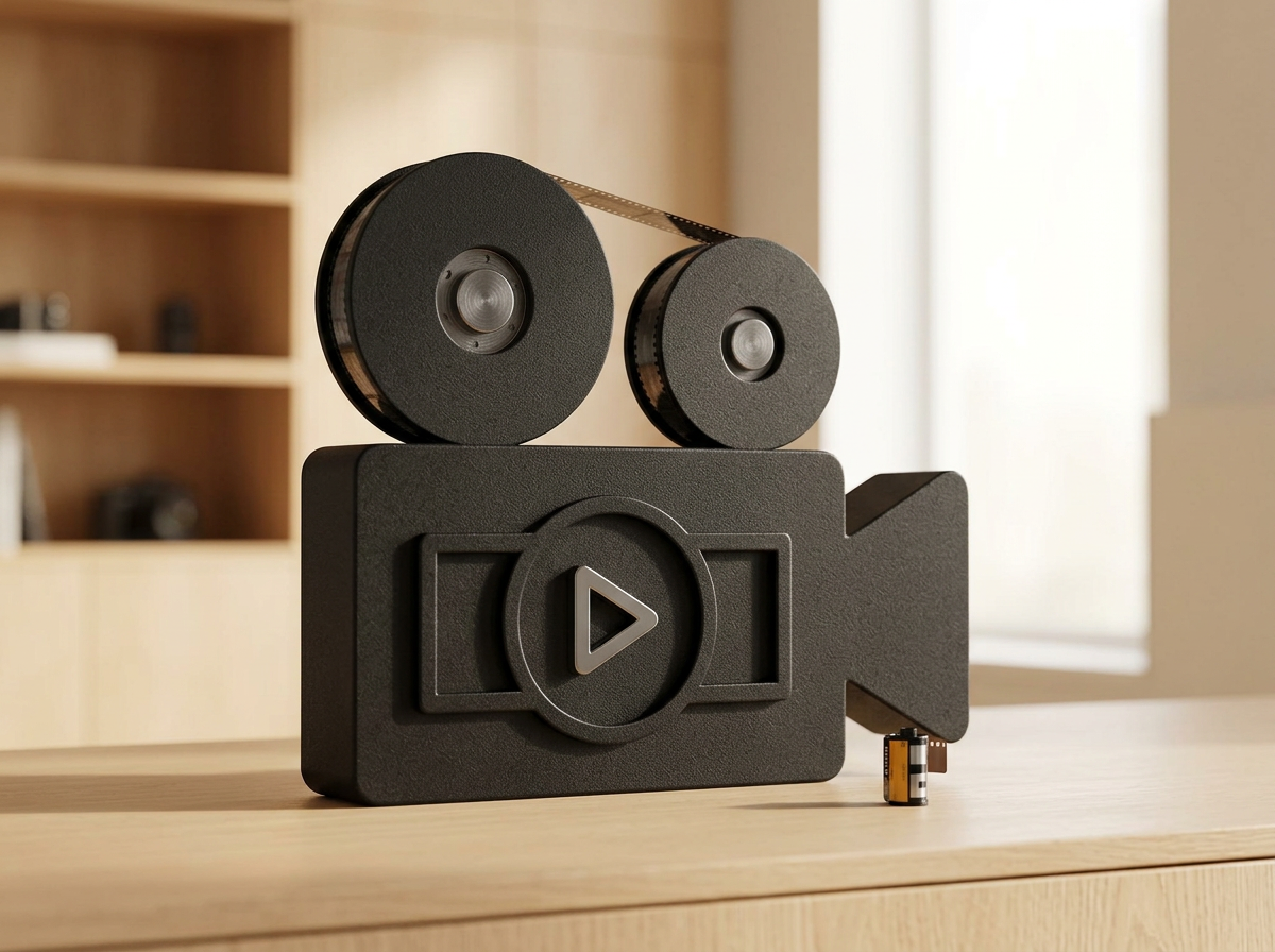 A decorative toy camera made of black foam and plastic with a play button on the front, two reel-like disks on top, and a film strip as a strap, placed on a wooden surface.