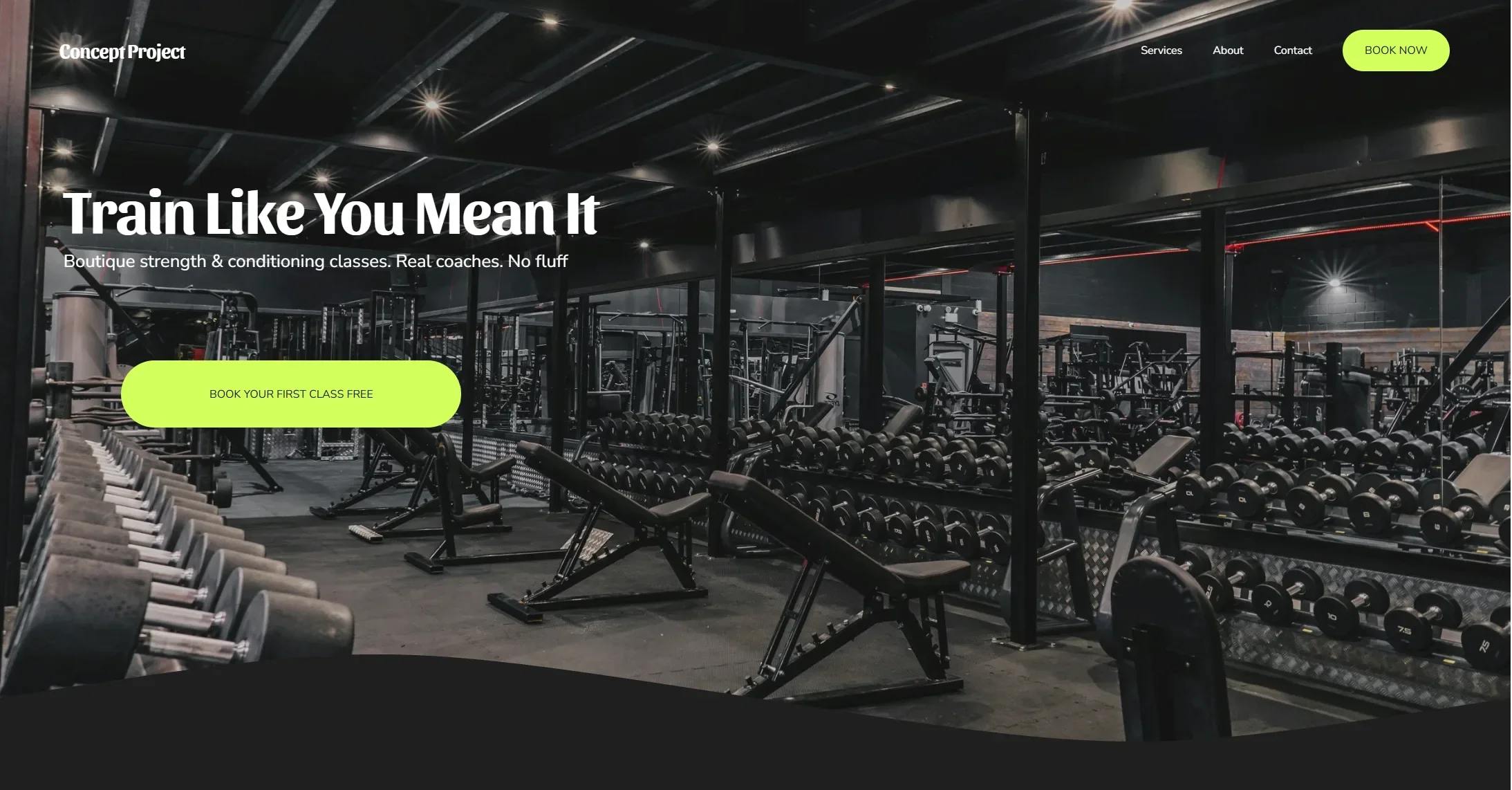 Interior of a gym with various black weightlifting equipment, dumbbells, benches, and racks, under a black ceiling with bright spotlights, promoting strength and conditioning classes.