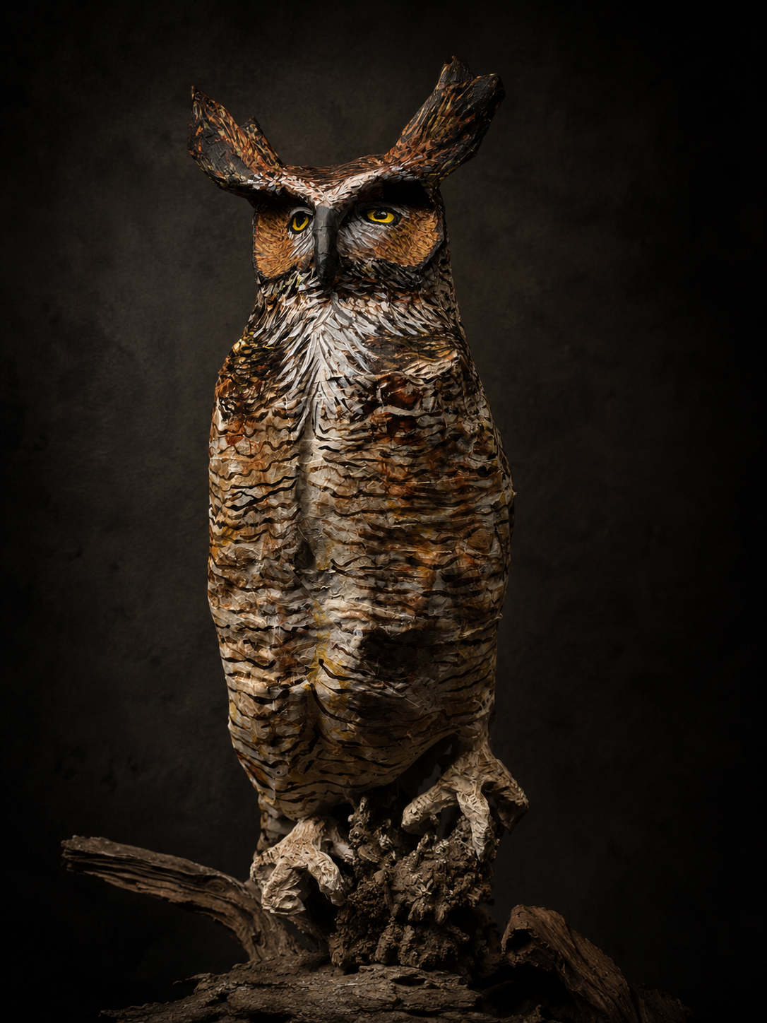 Great Horned Owl | 2026 | Papier-mâché, acrylic paint, reclaimed wood. 