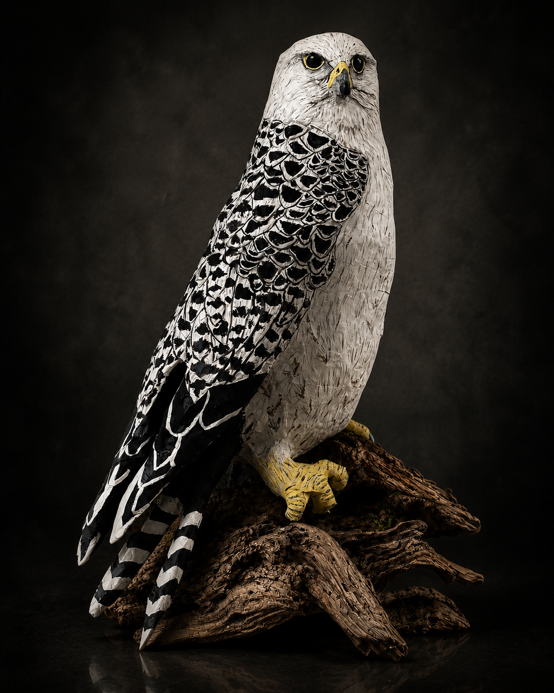 Gyrfalcon | 2026 | Papier-mâché, acrylic paint, reclaimed wood. 