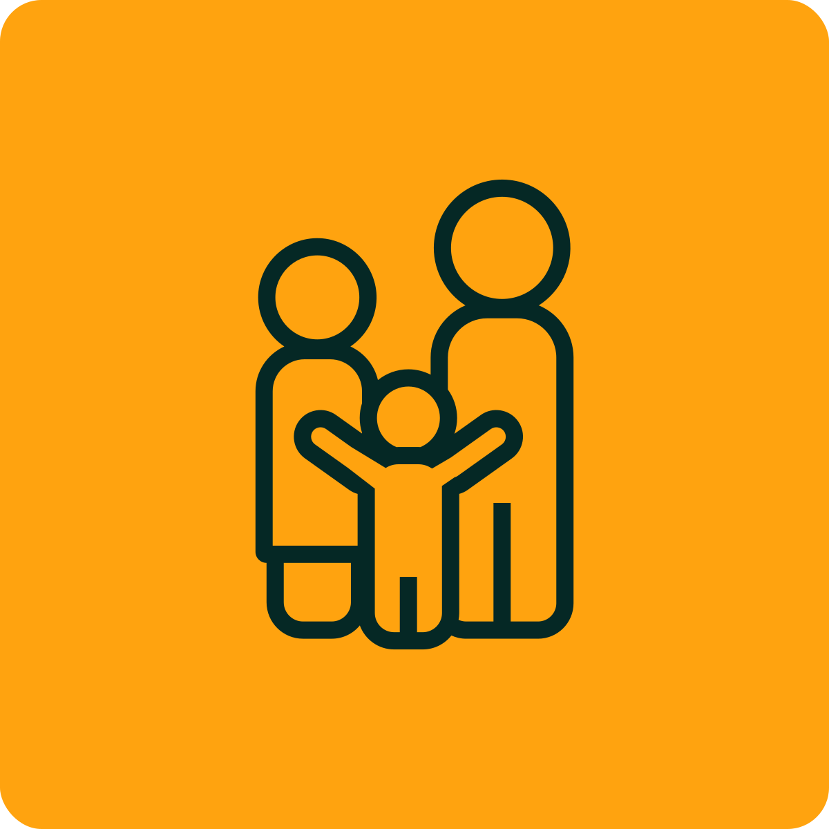 Icon of a family with two adults and one child on a yellow background.