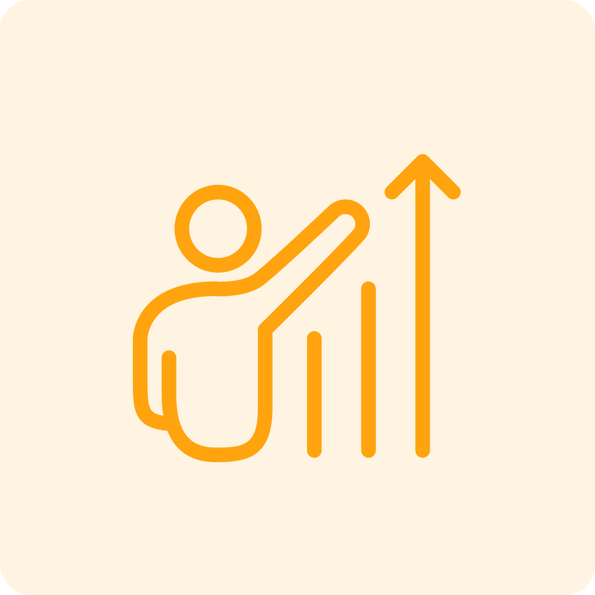 A stylized orange icon of a person pointing upward with an arm, alongside a bar chart with increasing bars and an upward arrow.