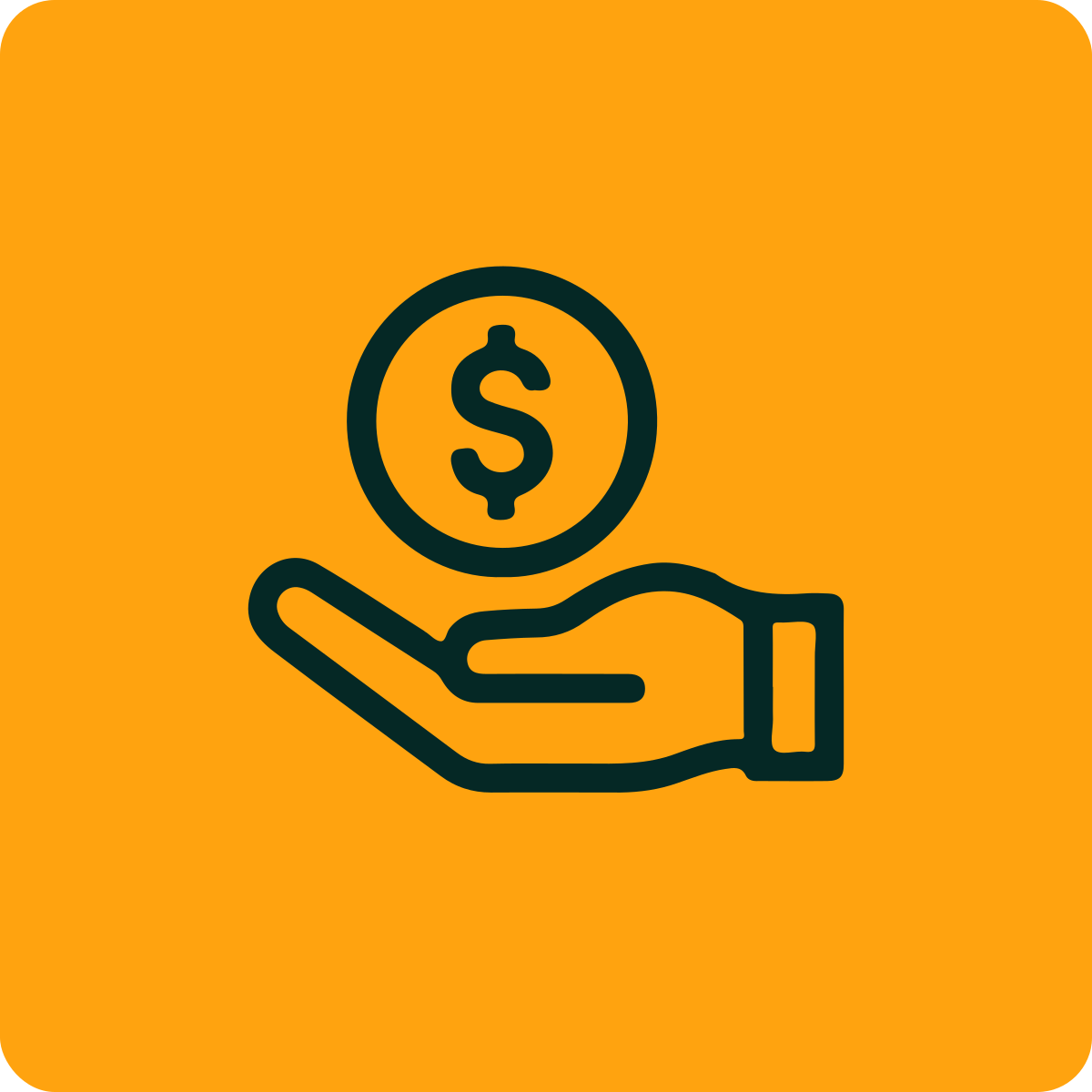 A black outline of a hand holding a coin with a dollar sign on it, set against an orange background.