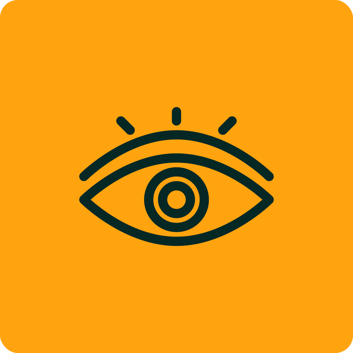 Icon of an eye with radiating lines on an orange background.