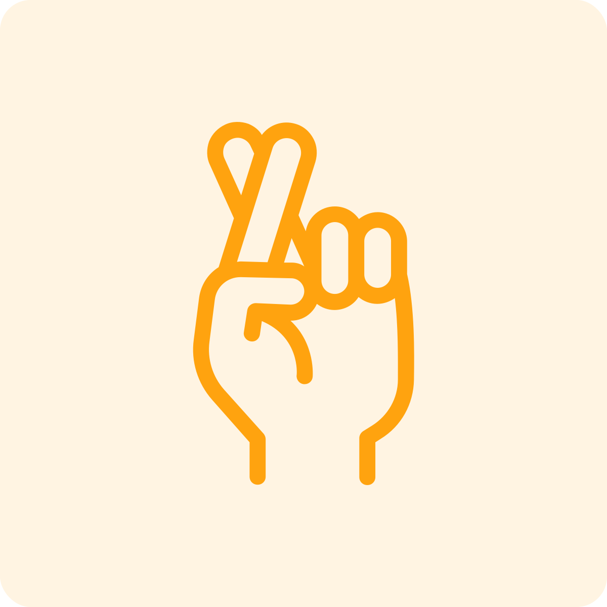 Illustration of a hand making a peace sign with fingers crossed, outlined in orange on a light background.