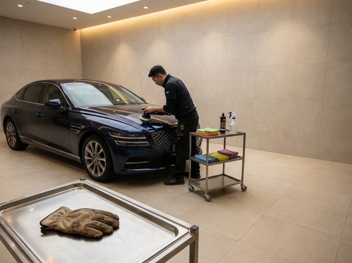 A person cleaning a dark blue luxury sedan in an indoor car wash or detailing area with tools and cleaning supplies nearby.