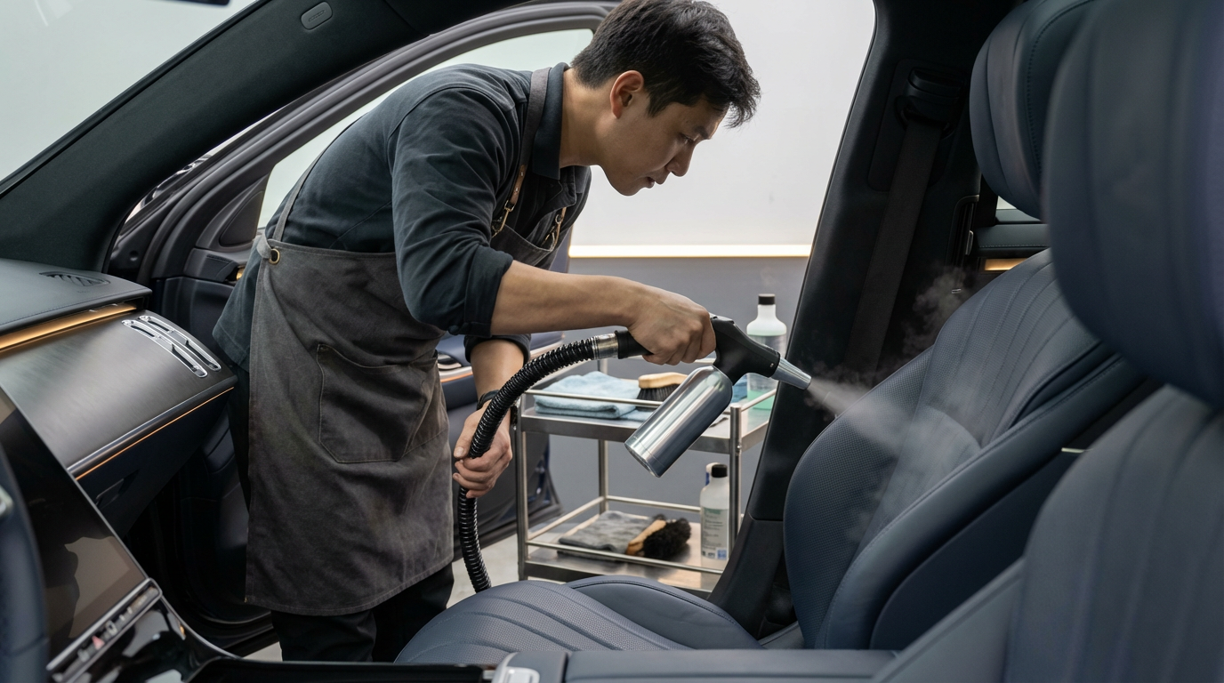 A man cleaning the interior of a car with a spray bottle and a cloth, using a handheld steam cleaner.