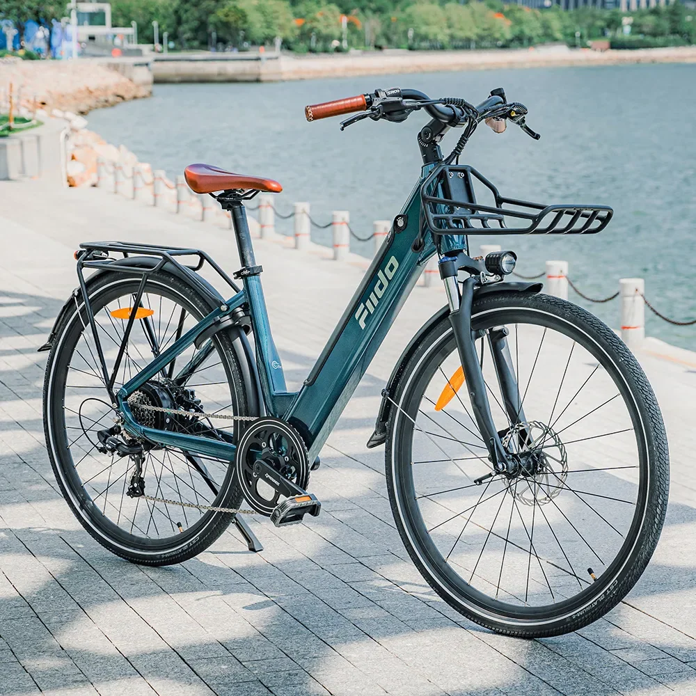 An electric bike with a blue frame, brown saddle, and brown handlebar grips parked on a paved waterfront promenade.