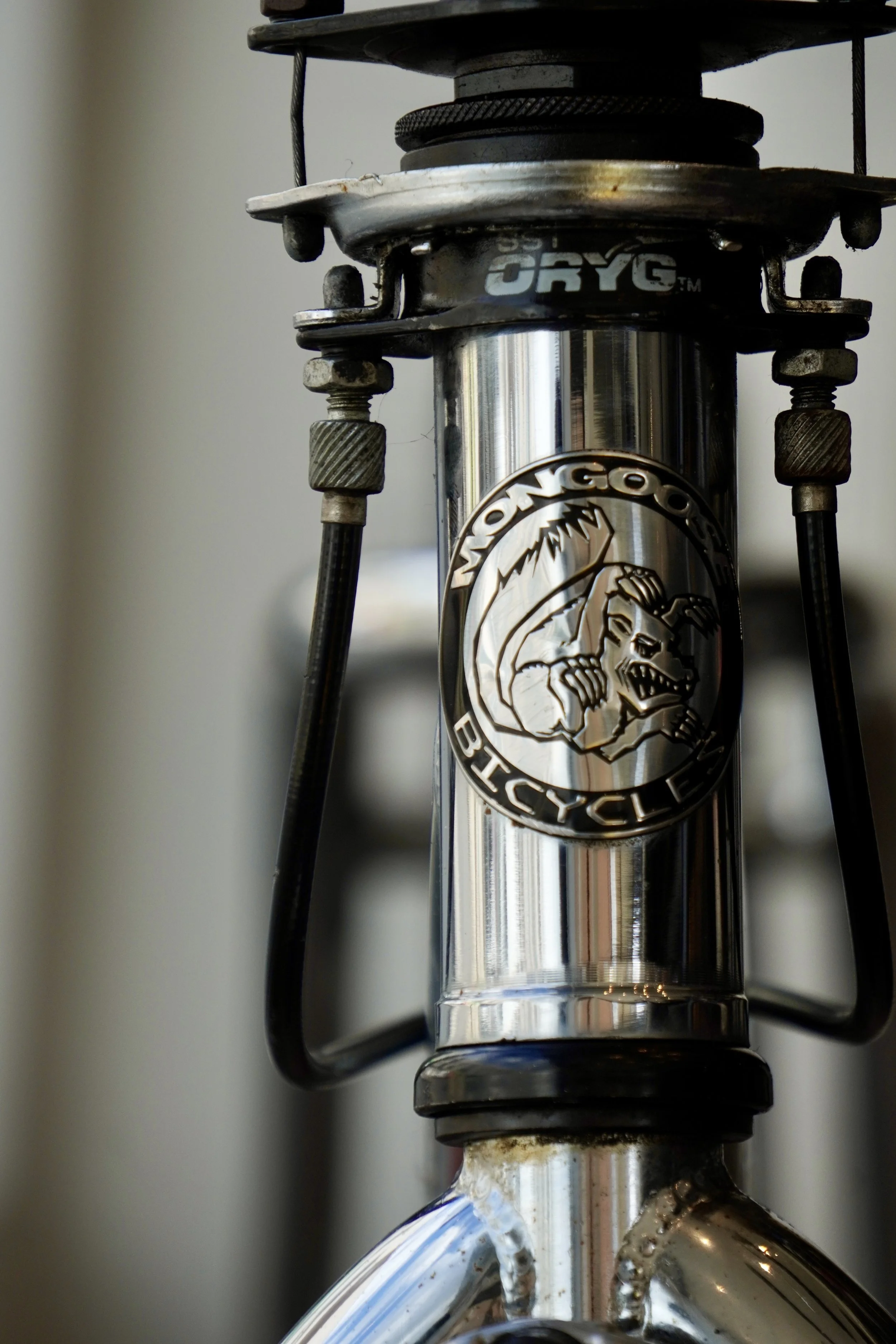 Close-up of a bicycle front fork with a metal badge featuring a lion logo and the text 'WONCYCLE'.