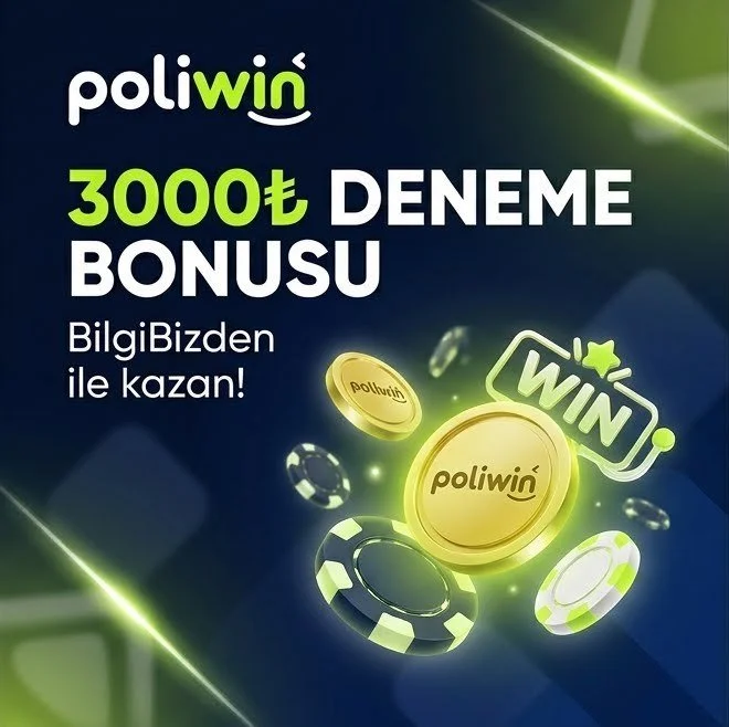 Poliwin logosu ve poker pullarının bulunduğu, 300 TL deneme bonusu ve kazanma mesajları içeren tanıtım reklamı.