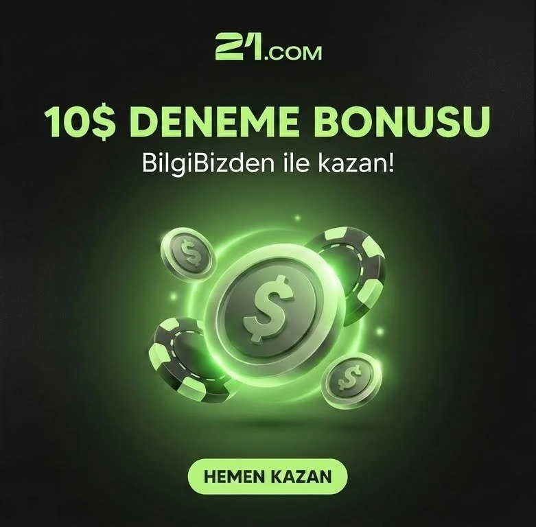 21.com sitesinde 10 dolar deneme bonusu teklifi. Ortada büyük bir dolar simgesi ve çevresinde poker pulledarı ve küçük dolar simgeleri var. Altında "Hemen Kazan" yazısı bulunuyor.