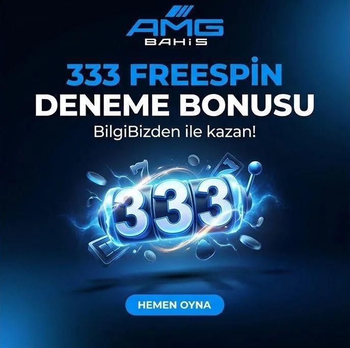 AMG Bahis logosu ve 333 ücretsiz slot deneme bonusu ilanı, büyük yazılar ve 'Hemen Oyna' butonu bulunuyor.