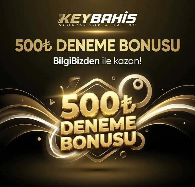 Kırmızı ve altın renk temalı Keybahis Sporbook ve Casino reklamı, 500 TL deneme bonusunu ve kazanmak için bilgi alınmasını duyuruyor.