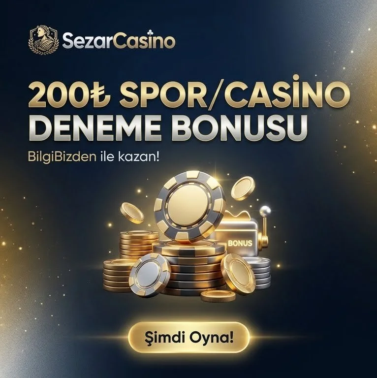 Sezar Casino'nun reklam afişi, 200 TL spor/ casino deneme bonusu ve hemen oyna çağrısı.