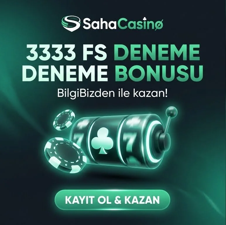 SahaCasino logosu, 3333 FS deneme bonusu, yatay daire içinde poker, 7 ve kalp simgeleri bulunan slot makinesi, ve "Kayıt Ol & Kazan" butonu.