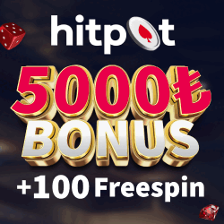 Hitpot.com logosu, 5000 TL bonus, +100 ücretsiz spin ve zar forması.