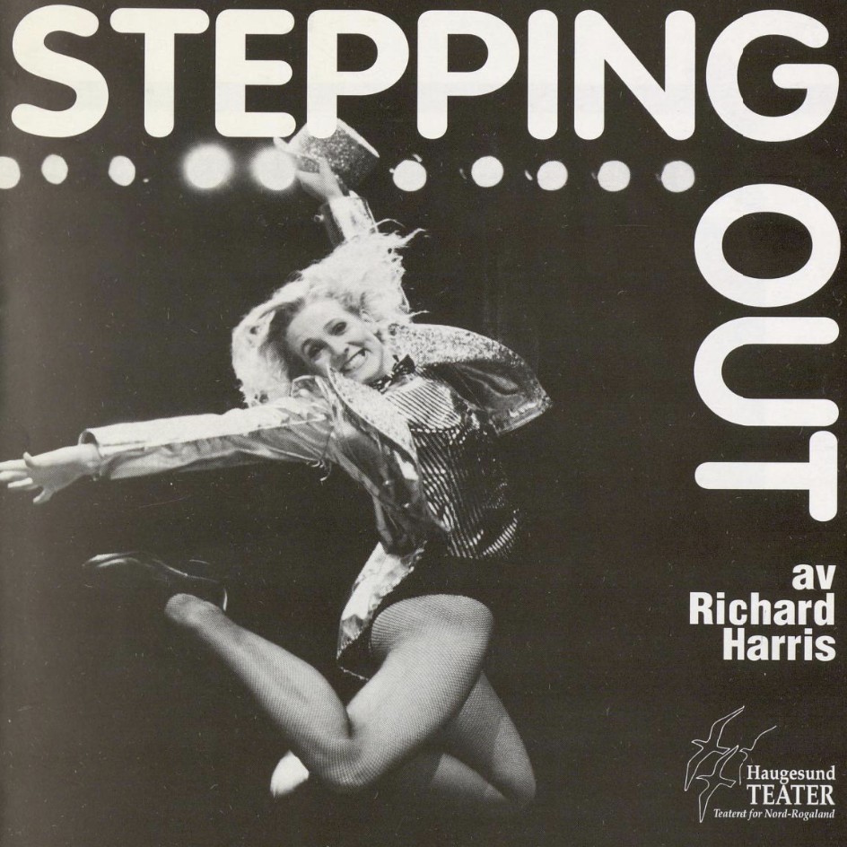 Black and white promotional poster featuring a woman with curly hair jumping, with arms outstretched and an energetic expression, for a show called 'Stepping Out' by Richard Harris at Haugesund Teater.