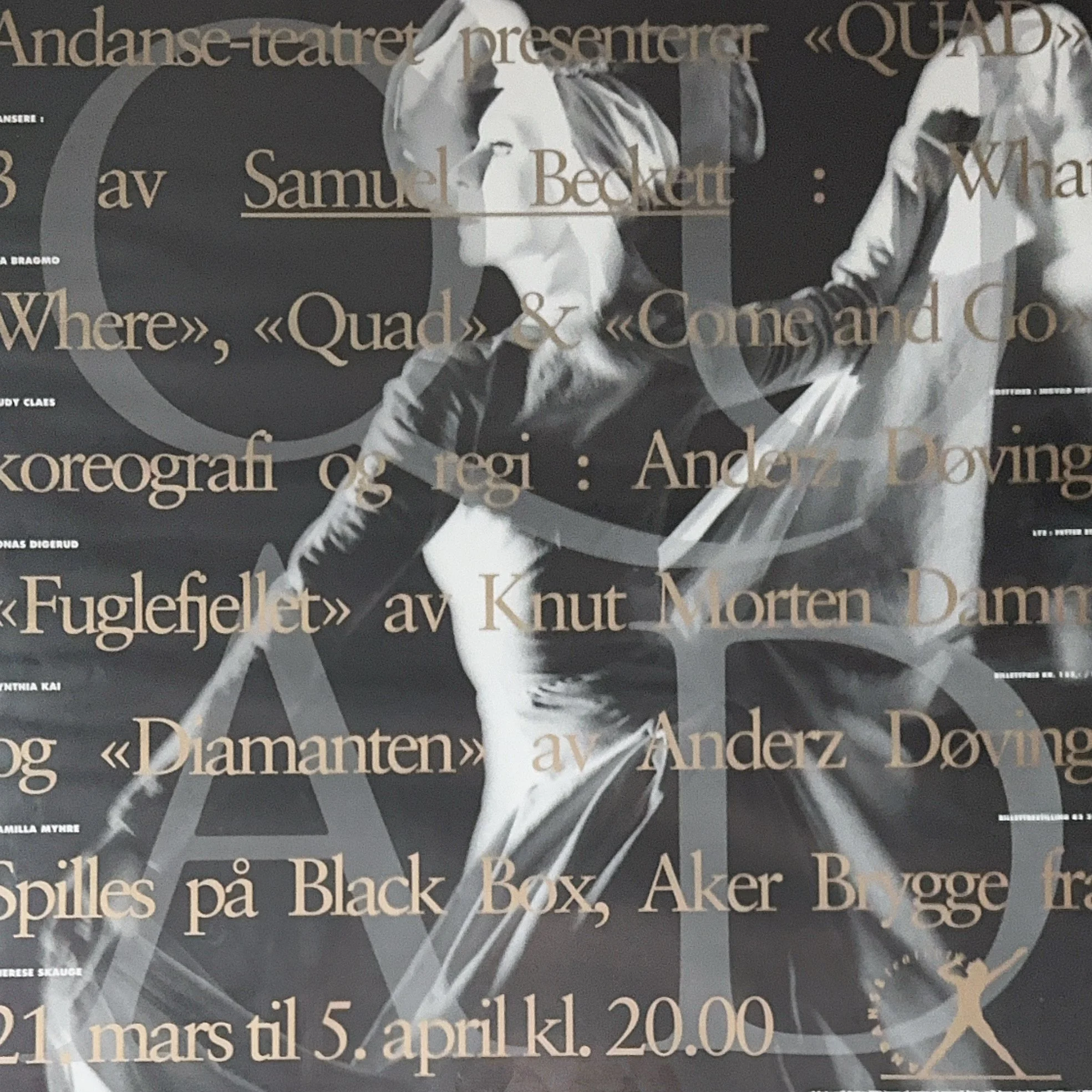 Photograph of a poster featuring a grayscale image of a man in a jacket and hat, with overlaid text in gold and white listing names, dates, and locations in Norwegian.