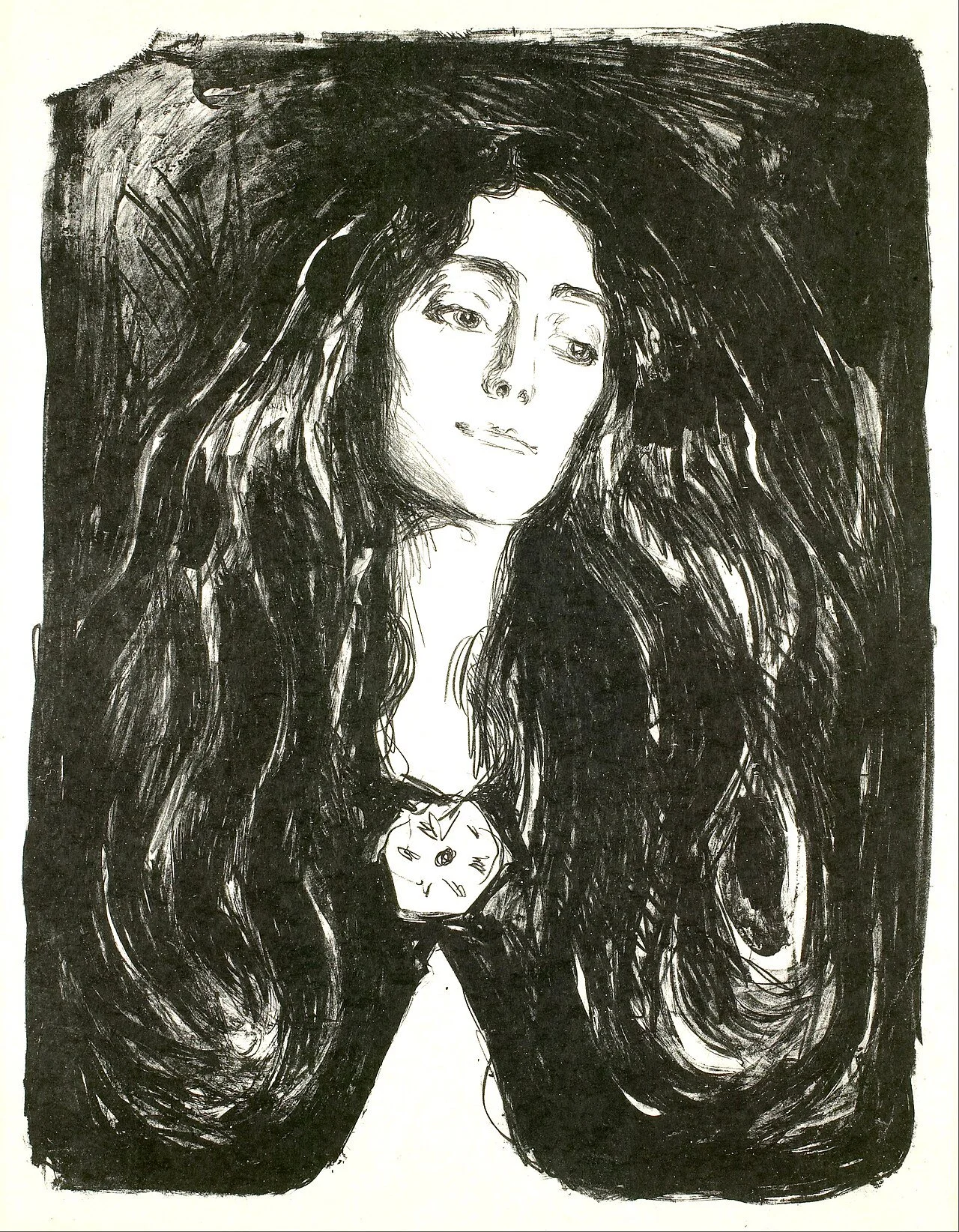 Black and white sketch of a woman with long wavy hair, wearing a necklace, with a confident expression.