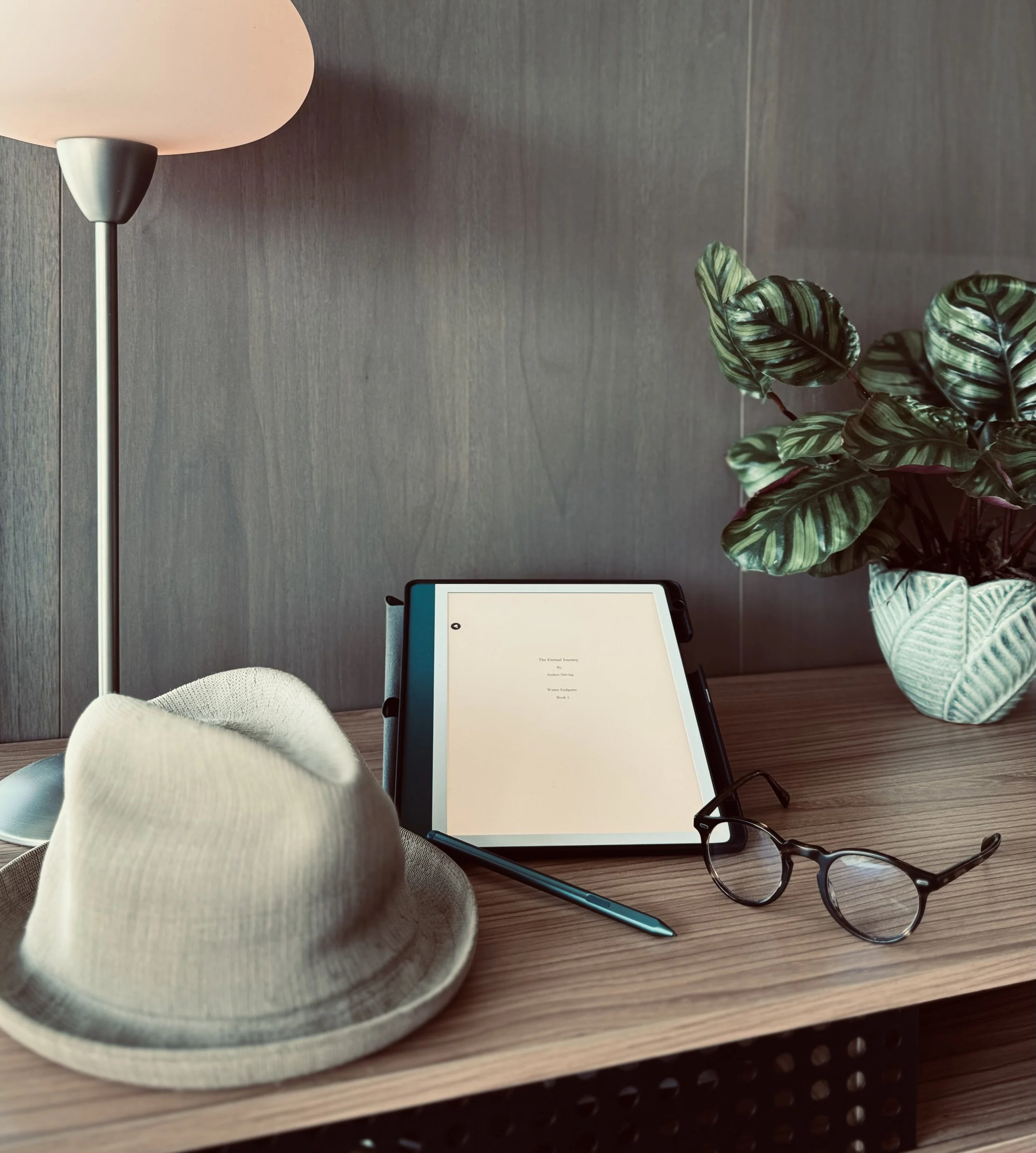 A beige wide-brimmed hat, a tablet displaying a document titled "The External Journey" with authors and content, a pair of black eyeglasses, a blue stylus, a pair of reading glasses, a table lamp, and a potted plant with green and white patterned leaves on a wooden table against a dark wall.