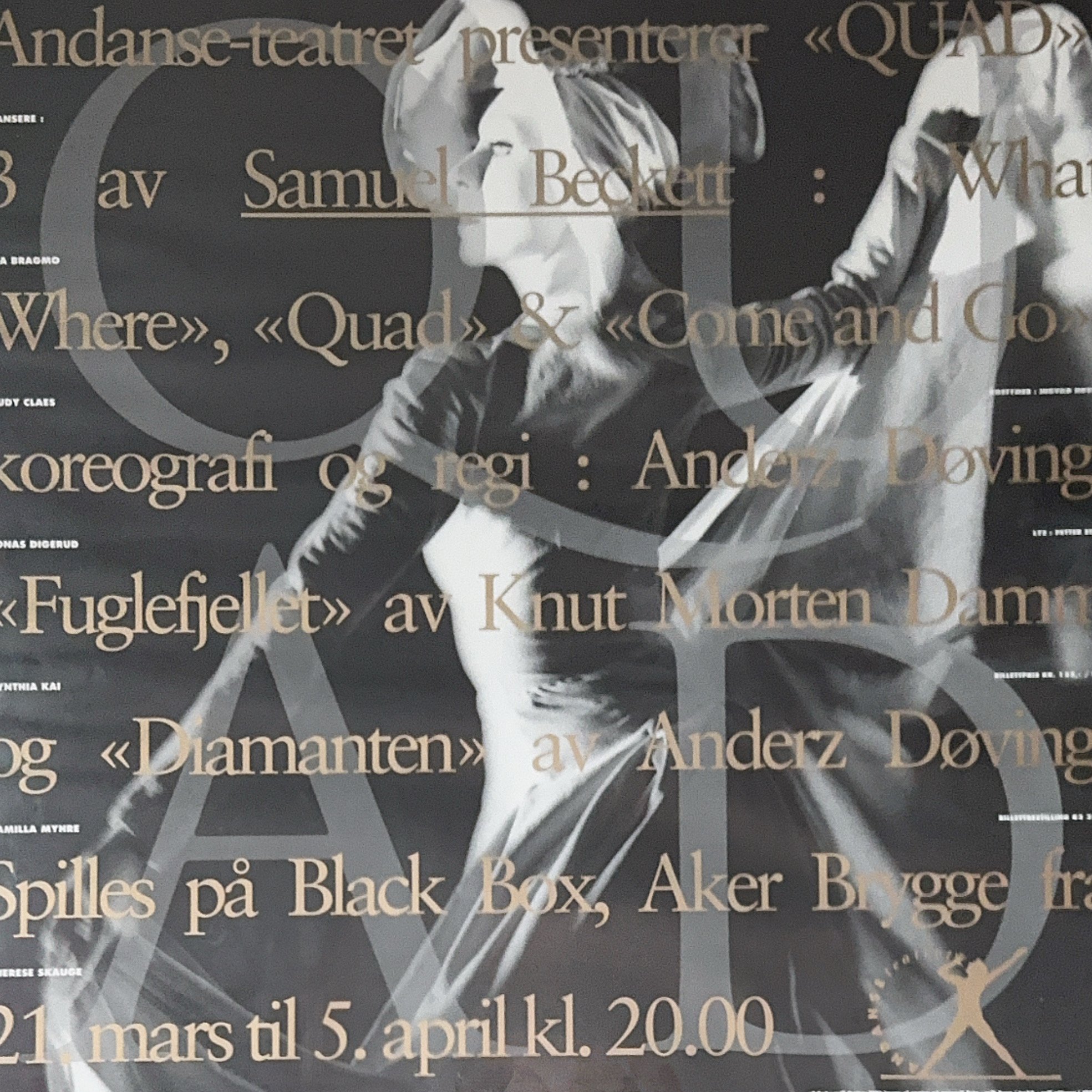 A black exhibition poster with a grayscale abstract illustration of a human figure, overlaid with various lines of text in a tan color, including titles, names, and dates in both English and Norwegian.
