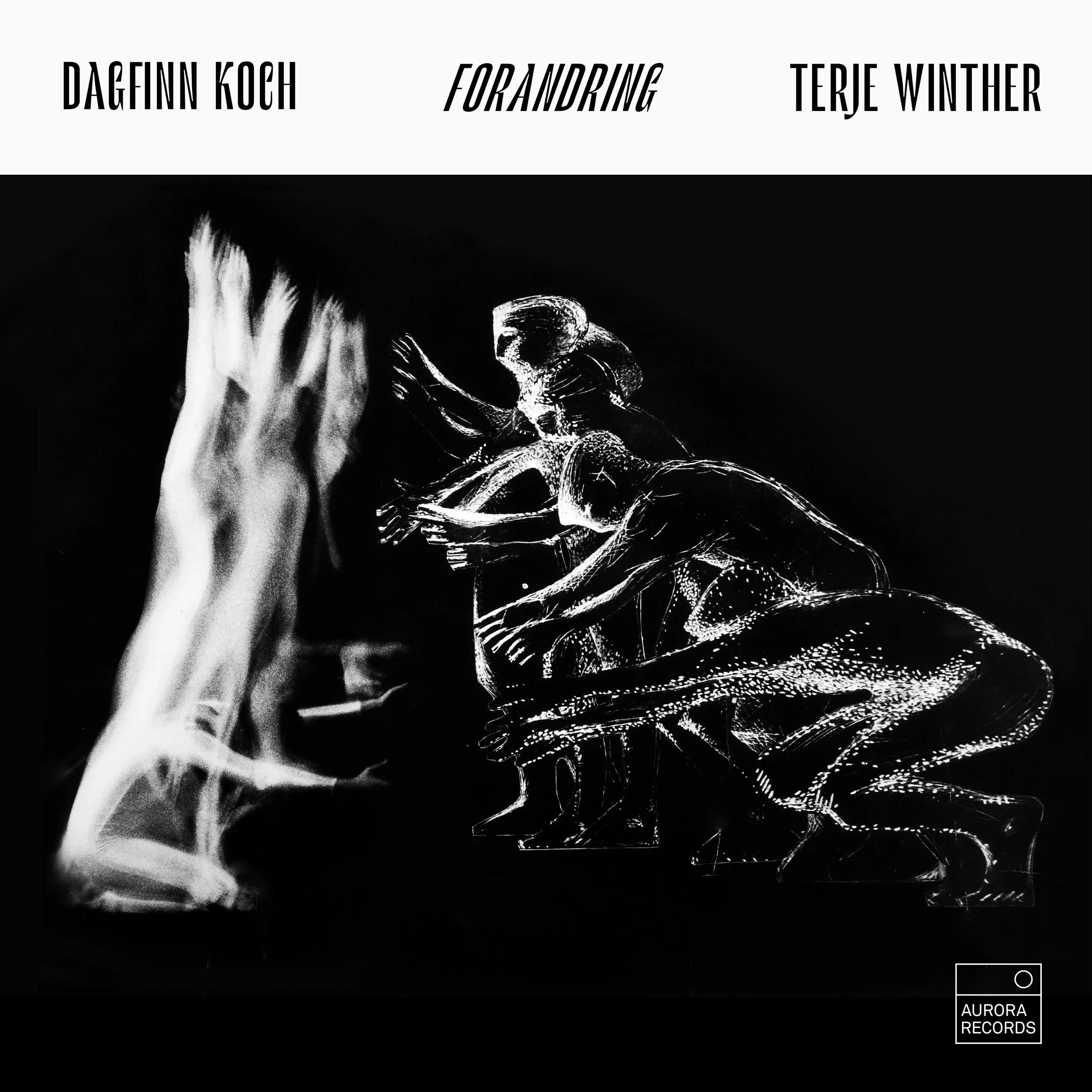 Black and white album cover featuring a human figure with hands covering their face on the left and an abstract skeletal figure on the right, with the text 'Daginn Koch Forandring Terje Winther' at the top and a small label 'Aurora Records' at the bottom right.