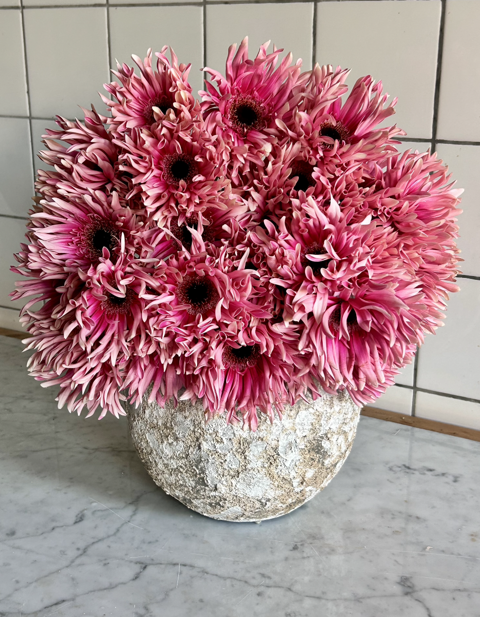 Bouquet de fleurs roses dans un vase en pierre, posé sur une surface en marbre.