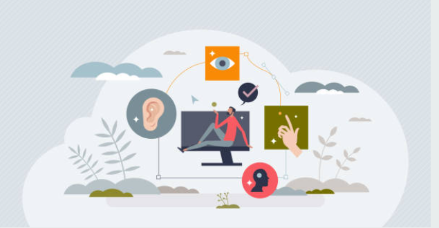 Digital illustration of a person sitting in front of a computer monitor, surrounded by icons representing hearing, seeing, touch, and hearing, with a cloudy sky background.