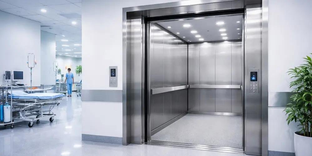 Hospital hallway with an open elevator and a nurse walking past hospital beds and medical equipment