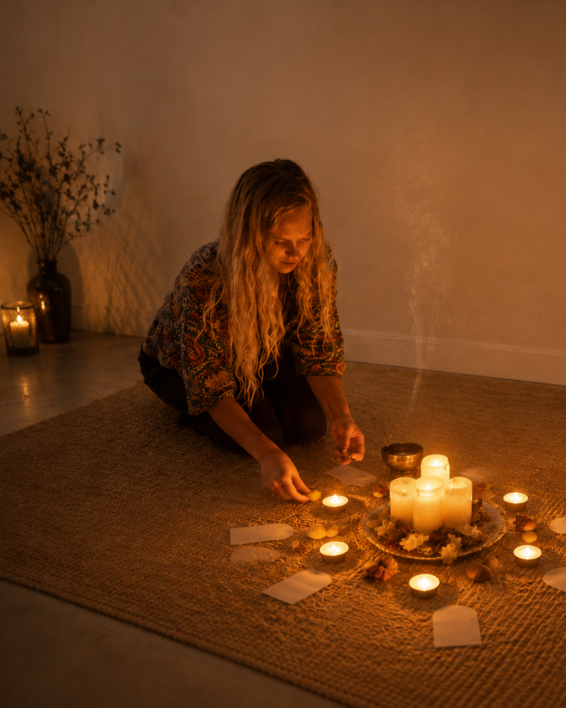A woman with curly blonde hair sitting on a woven rug in a dimly lit room, surrounded by lit candles and incense, creating a calming, spiritual atmosphere.
