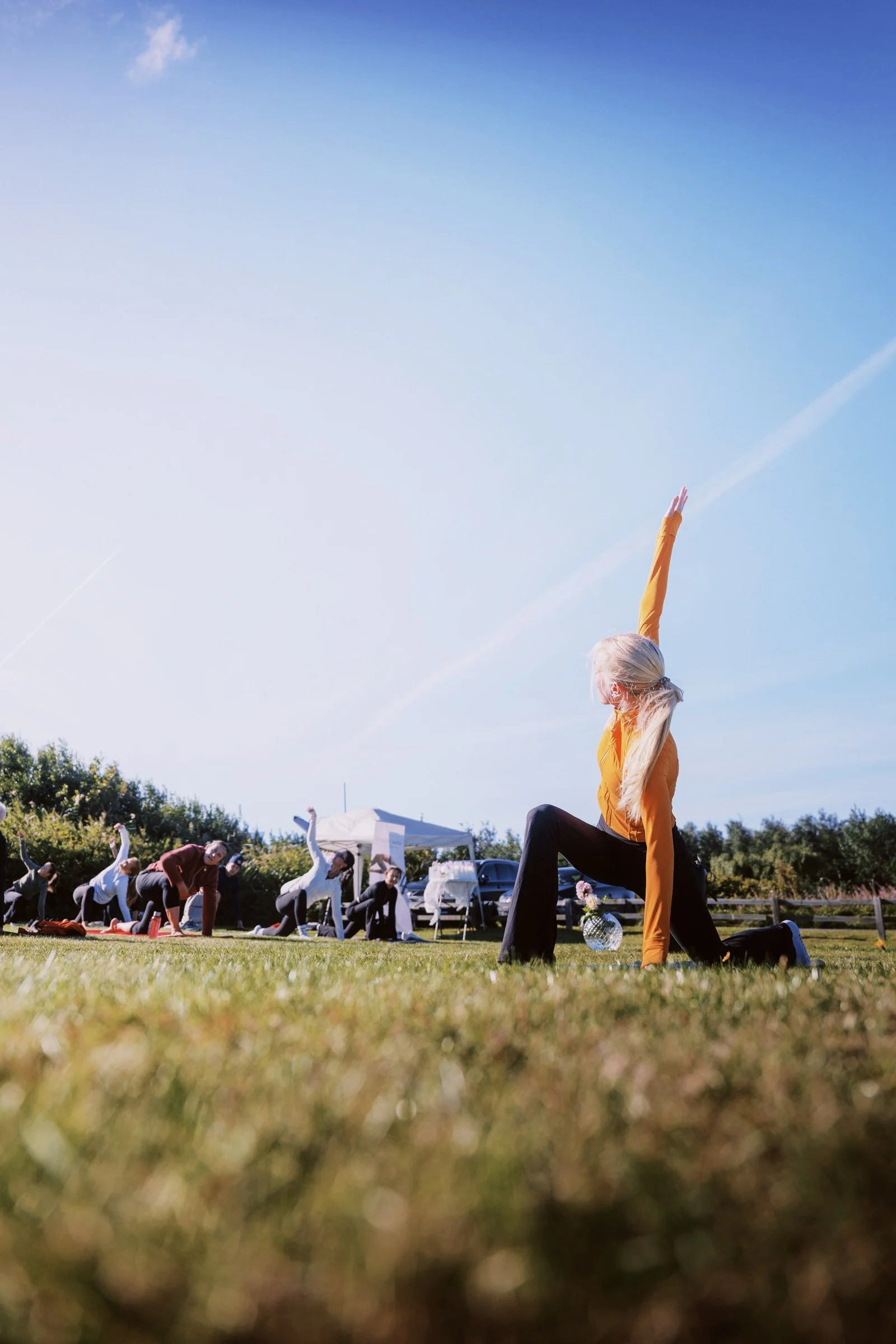 A group of people doing pilates outdoors on a grassy field with a woman in a yellow jacket leading. The sky is clear with some clouds, and a few trees and tents are in the background.