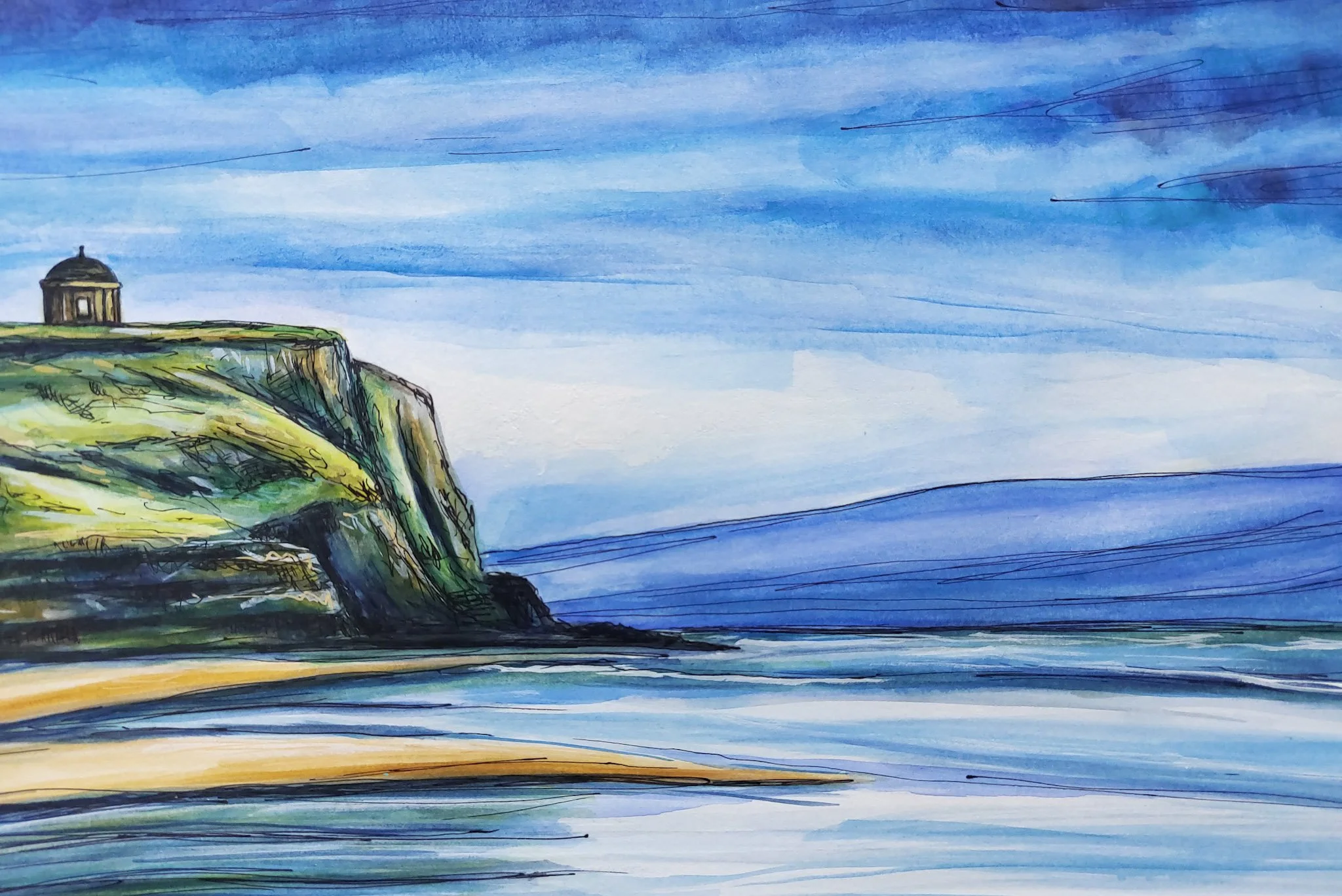 Watercolor painting of a cliff with a small structure on top, overlooking the sea, under a sky with streaks of blue and purple clouds.