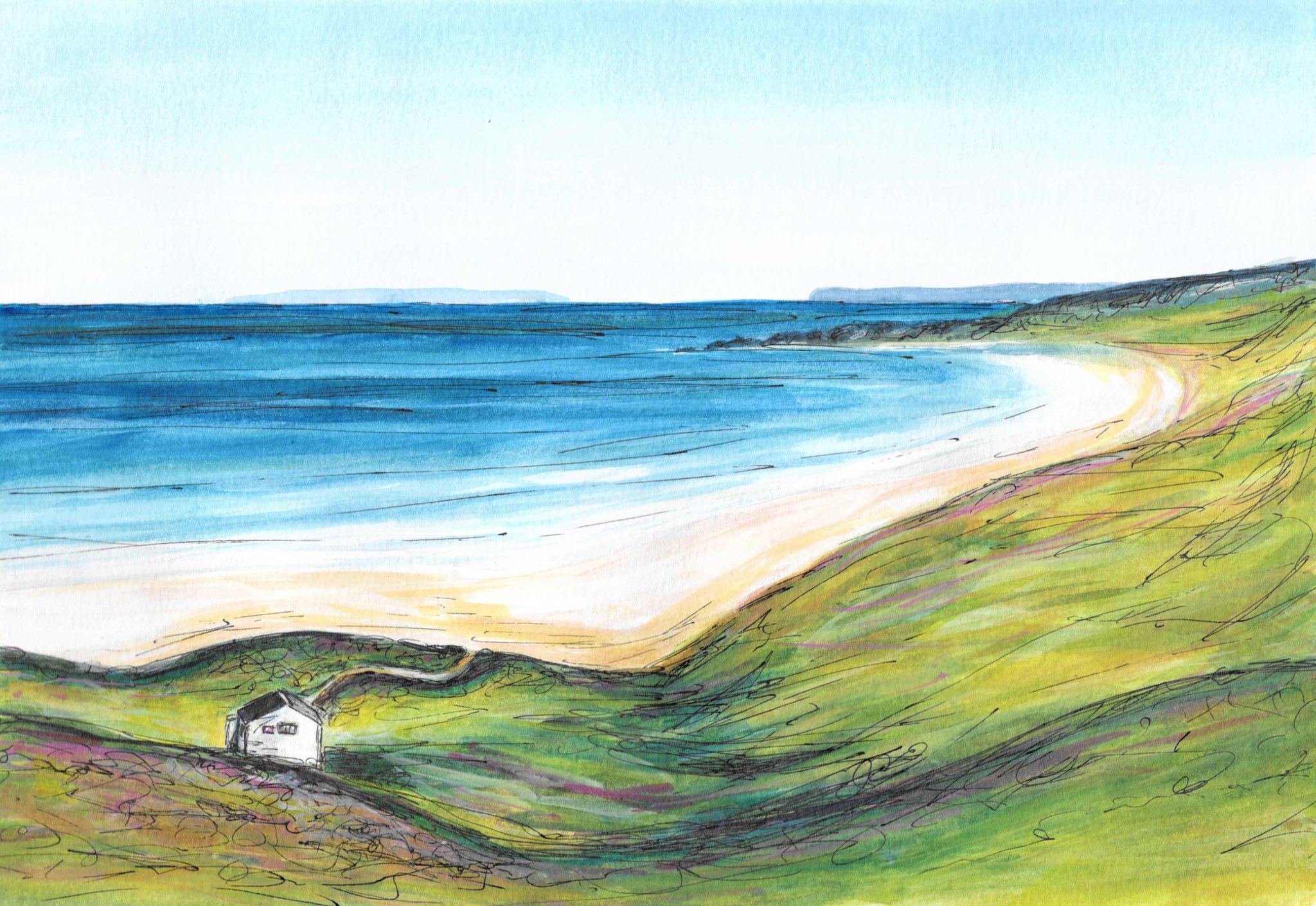 Watercolor painting of a coastal landscape with a house in the foreground, green rolling hills, and the ocean with distant landforms under a light blue sky.