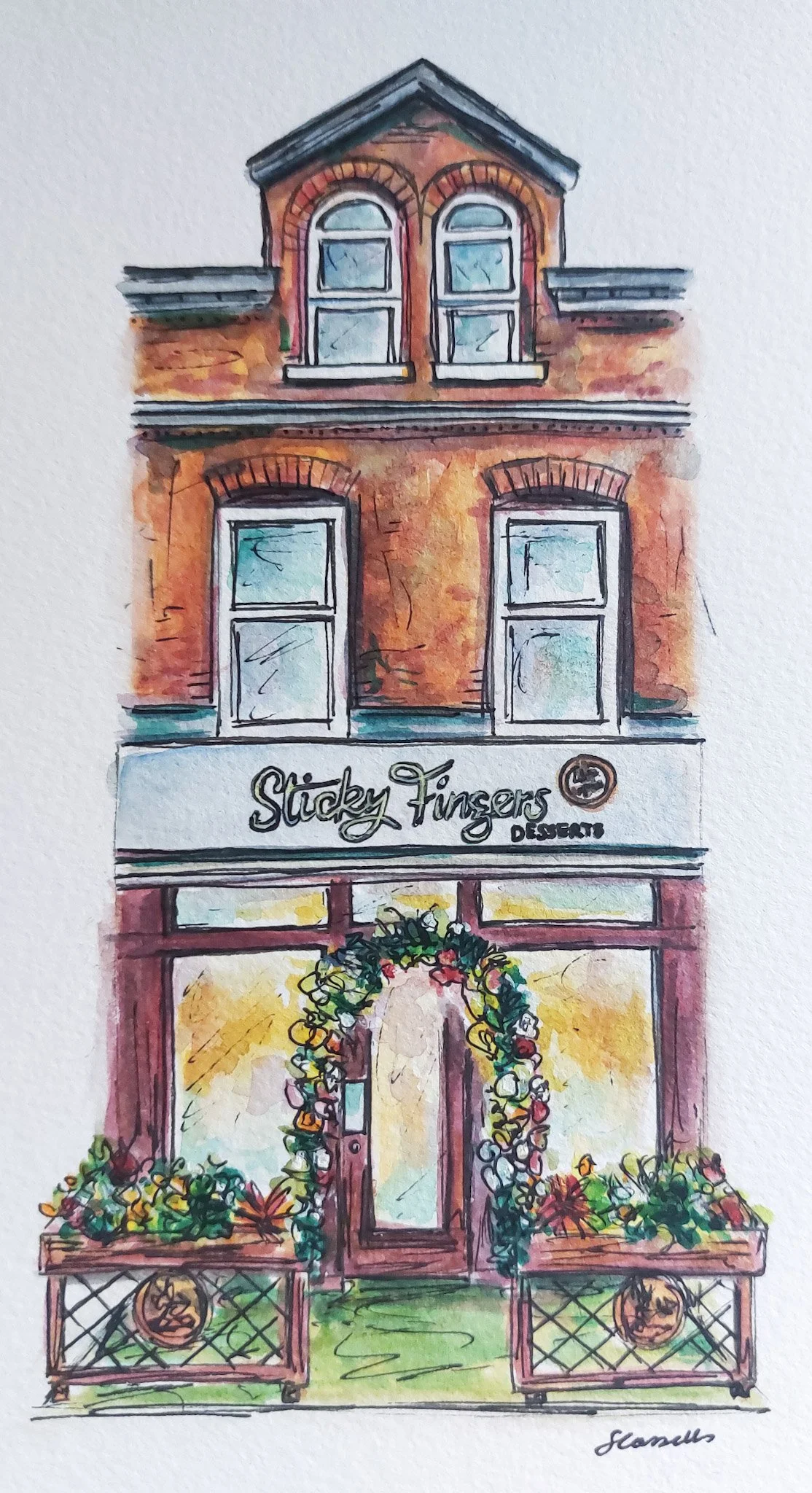 Watercolor painting of a building with a sign that reads "Sticky Fingers Desserts," decorated for Christmas with a wreath and plants outside.