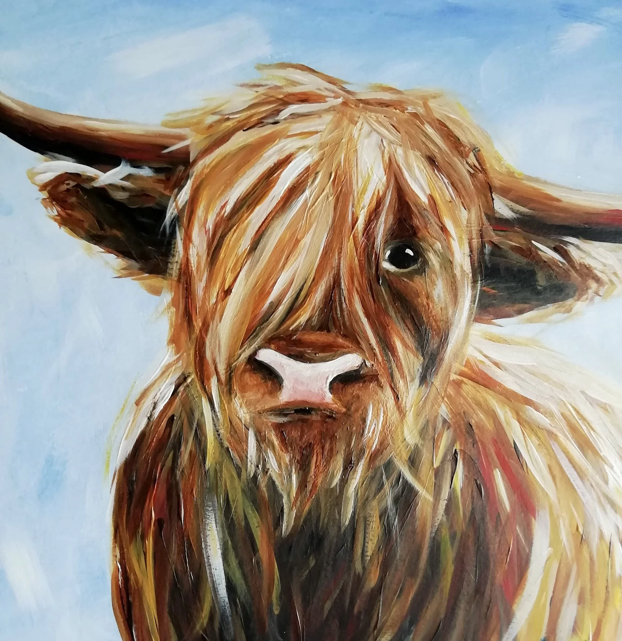 A colorful painting of a horse's head with a clear sky in the background.