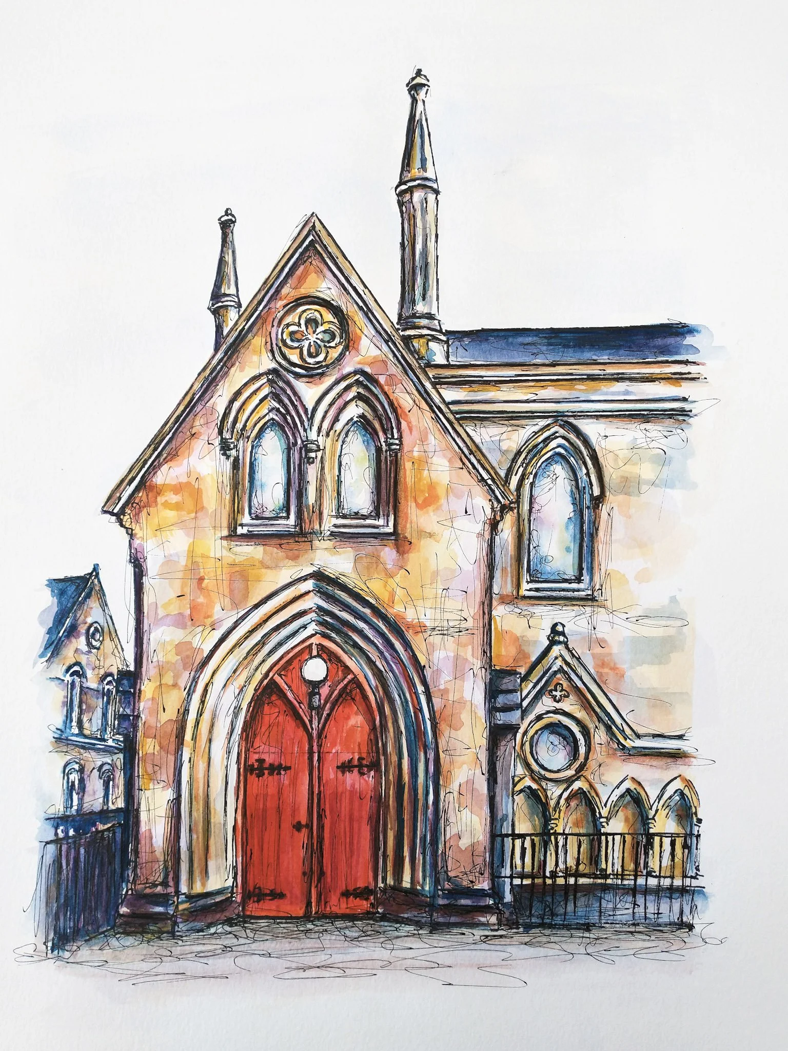 A watercolor painting of a church with a red door, pointed arches, circular stained glass window, and two spires, set against a light background.