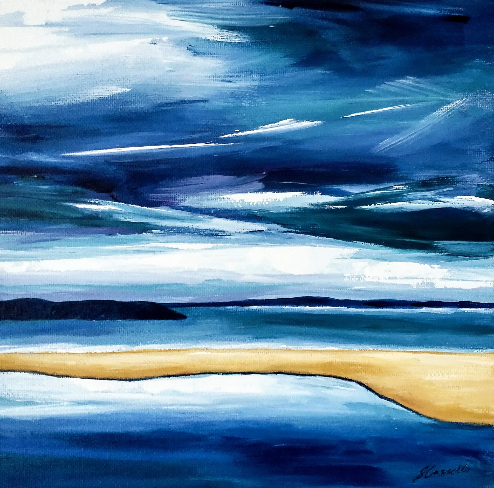 Abstract painting with horizontal streaks of blue, white, and hints of yellow and orange.