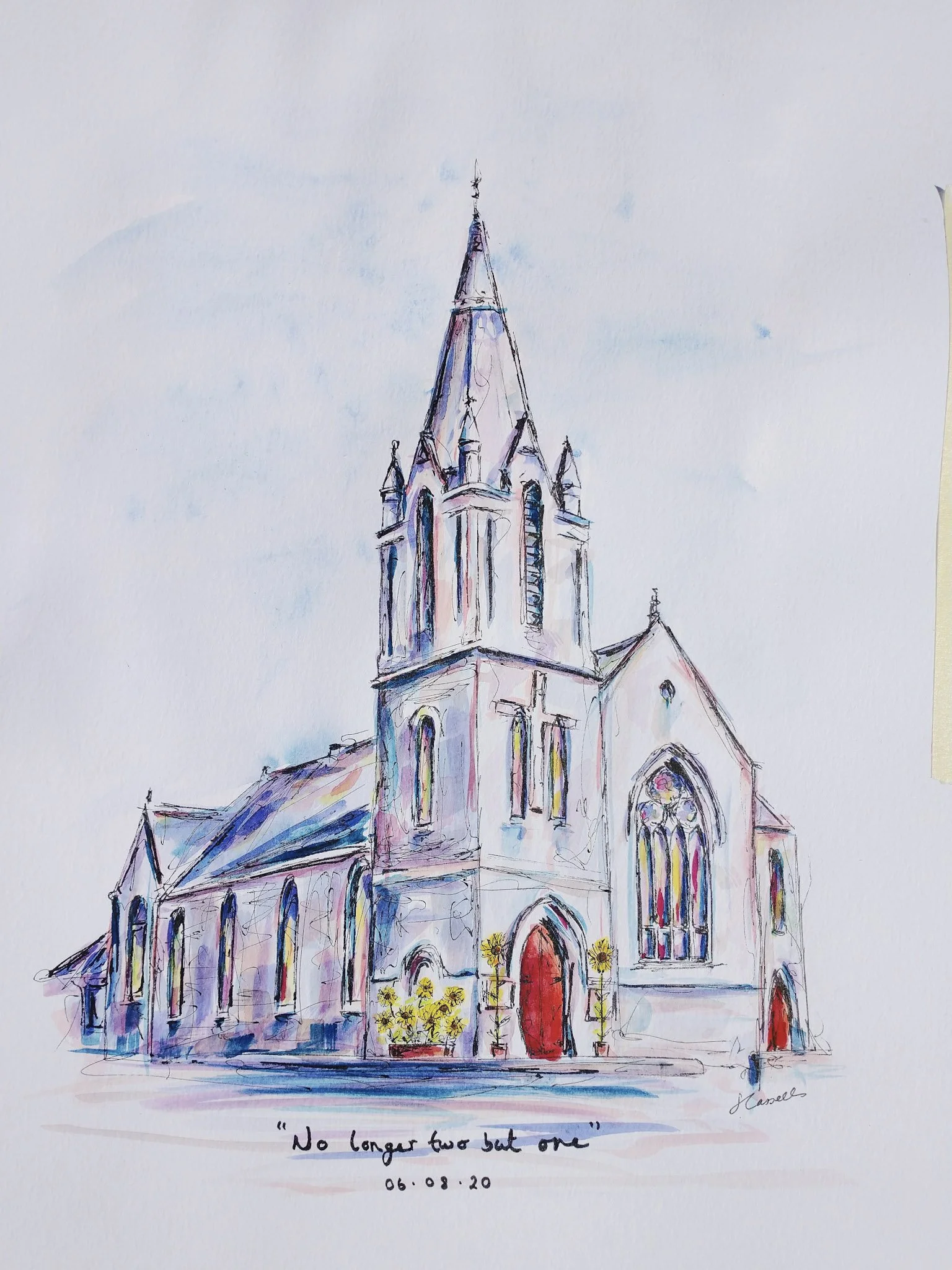 Watercolor sketch of a church with a tall steeple, stained glass windows, and the quote 'No longer two but one' at the bottom, dated 06.08.20.