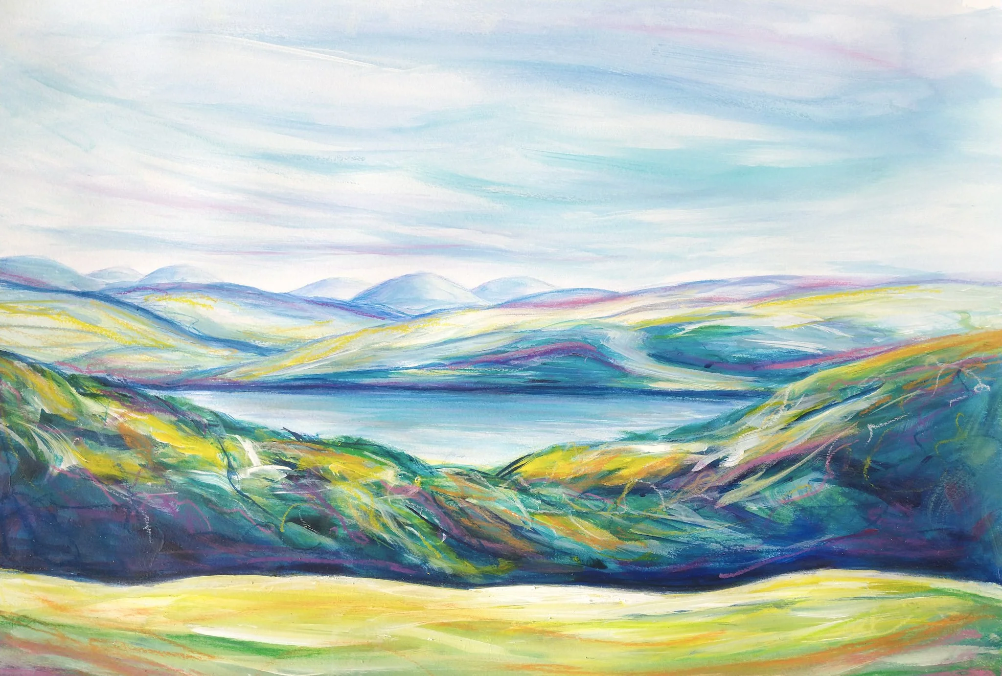 Colorful landscape painting with rolling hills, mountains in the background, and a sky with light pastel clouds.
