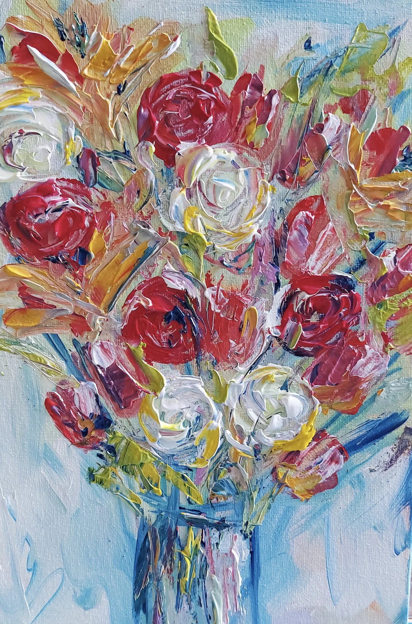 Abstract floral painting with thick impasto brushstrokes depicting a bouquet of red, white, yellow, and pink roses against a textured blue background.