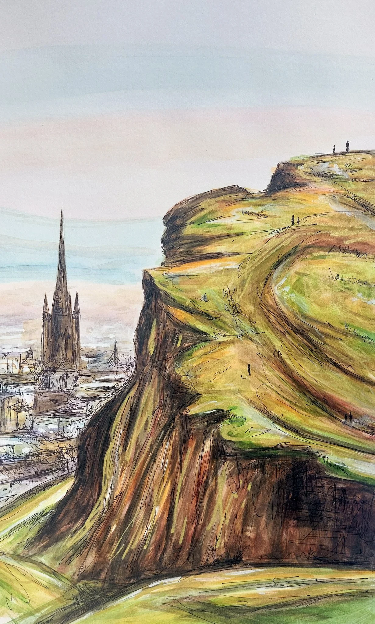 Watercolor painting of a rocky hillside with patches of grass, walking trails, and a distant cityscape with a prominent cathedral spire under a pastel sky.