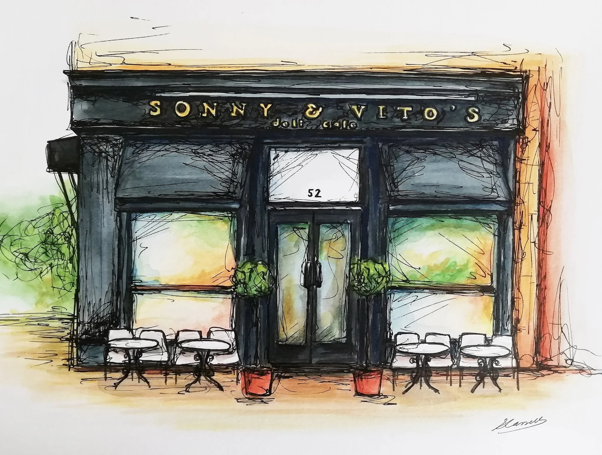 A watercolor and ink drawing of the entrance to Sony & VLTOS art gallery, with a black sign displaying yellow lettering, surrounded by green plants and outdoor seating area.