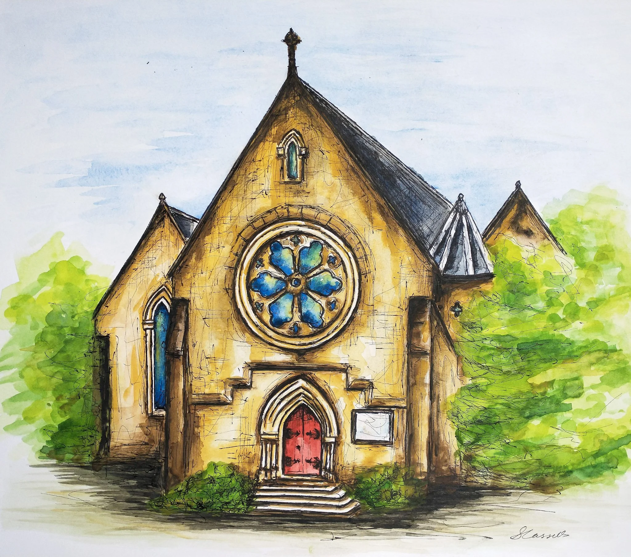 A watercolor painting of a church with a large stained glass rose window, pointed arches, and a red door, surrounded by green trees and a blue sky.