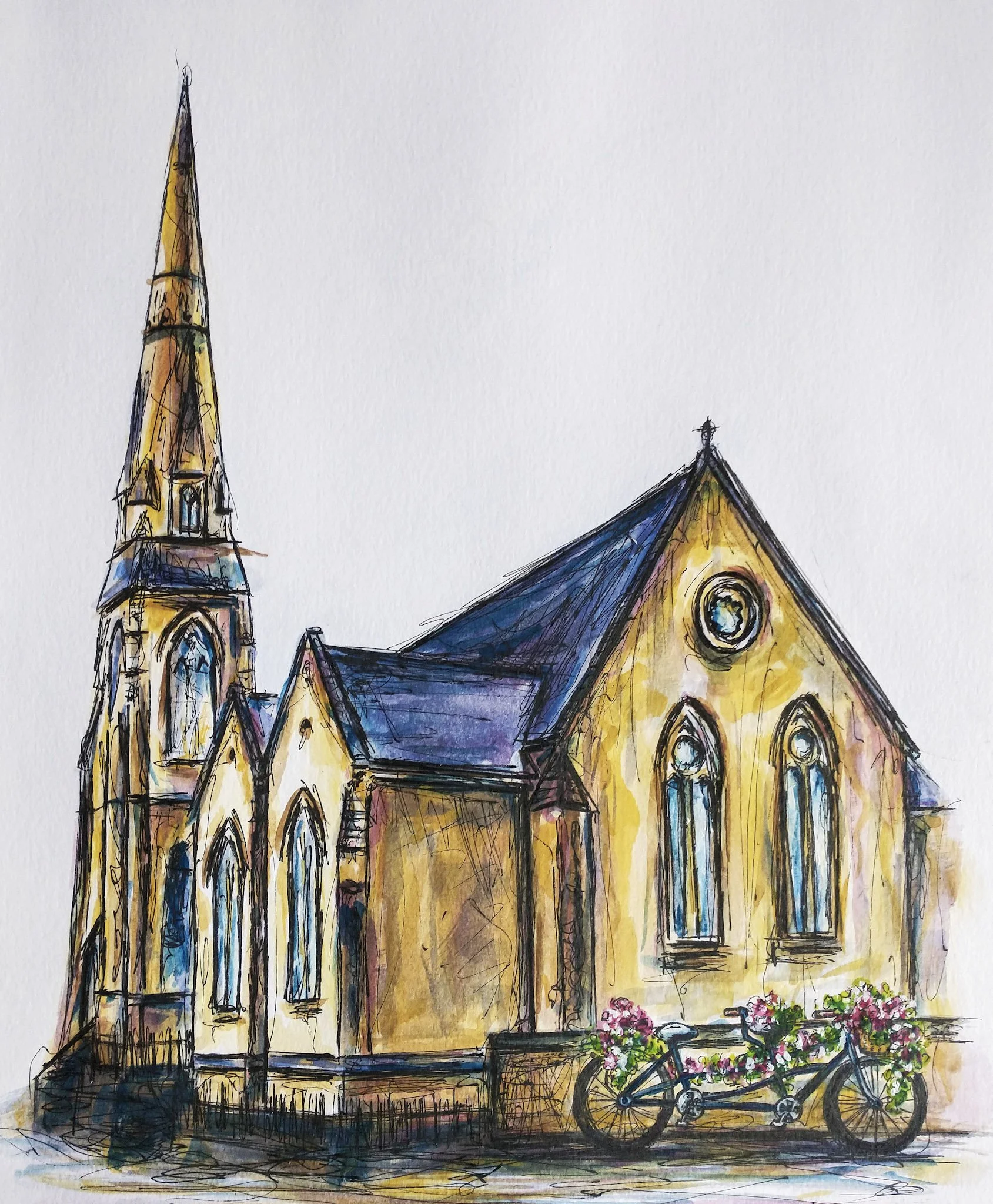 Watercolor painting of a church with a tall steeple, arched windows, and a bicycle with a basket of flowers parked outside.