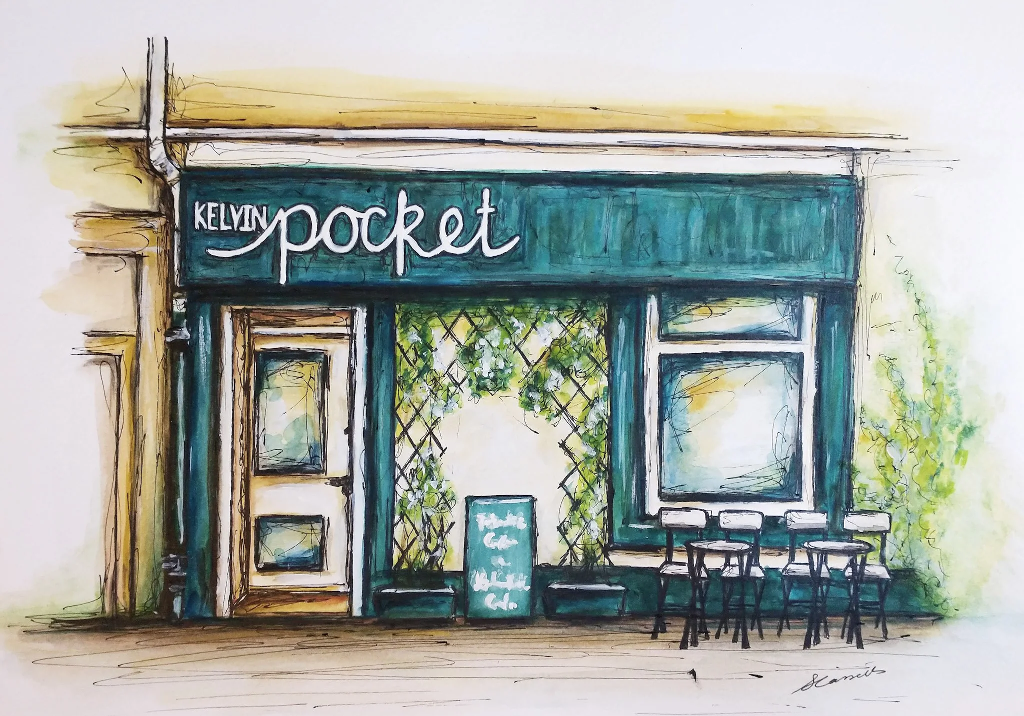  watercolor painting of the exterior of a small restaurant called Kel Kelly's Pocket, showing a blue sign, a door, a window, and several stools outside, with greenery in the background.