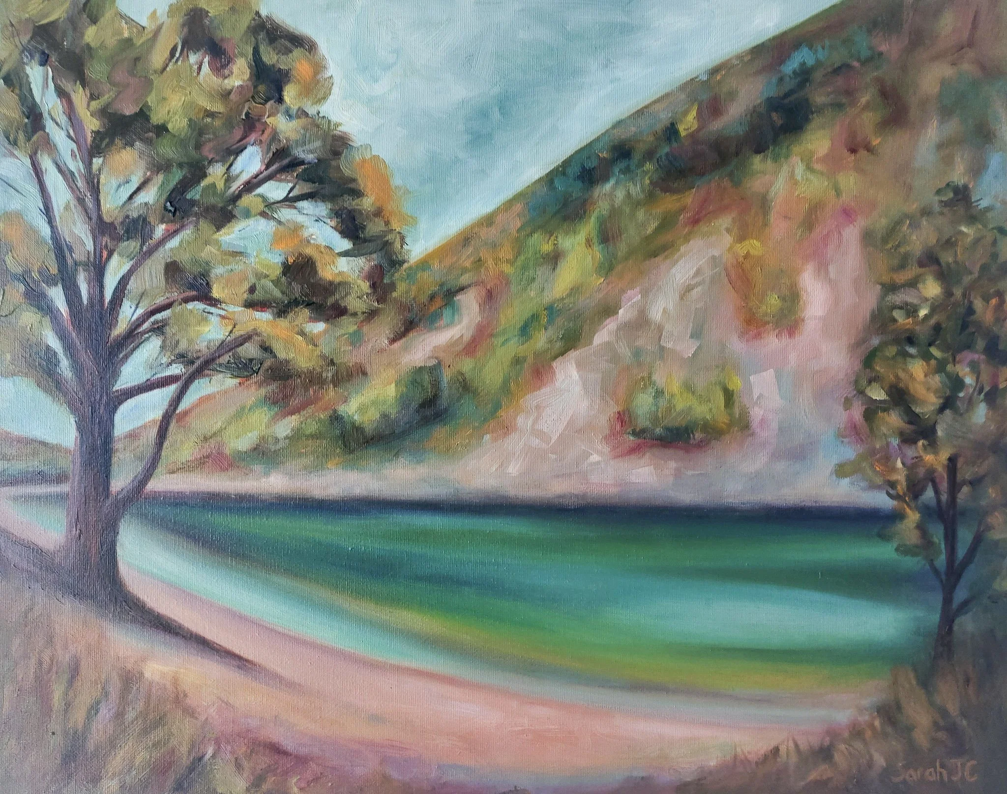 A colorful impressionistic landscape painting featuring a large tree on the left, a hill in the middle, and smaller trees on the right, with a sky blue background.