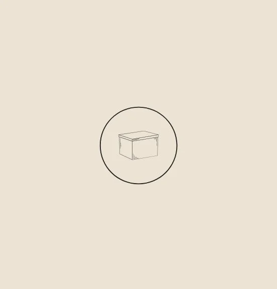 A simple line drawing of a desk or table inside a circle, on a beige background.